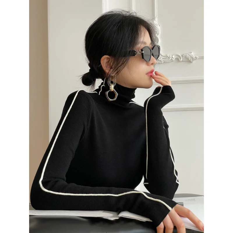 

Pullovers Women Autumn Striped Warm All-match Silm Turtleneck Office Ladies Elegant Korean Style Simple Casual Knitted Female