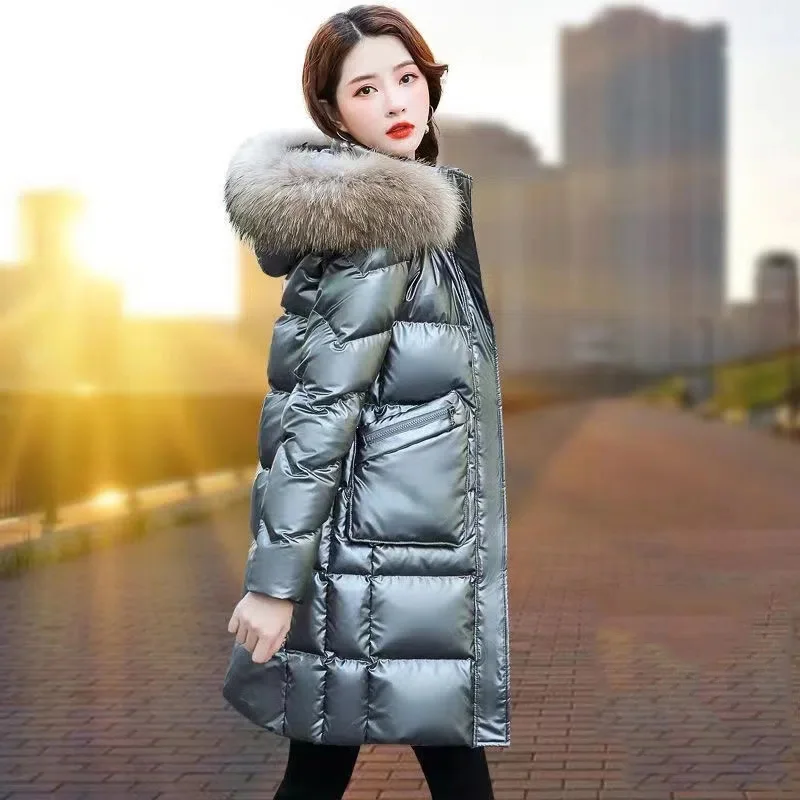 

New Free Wash Glossy Down Jacket Womens Long Thick Winter Cold 90% White Duck Down Coat Female Hooded Fur Collar Parker Overcoat