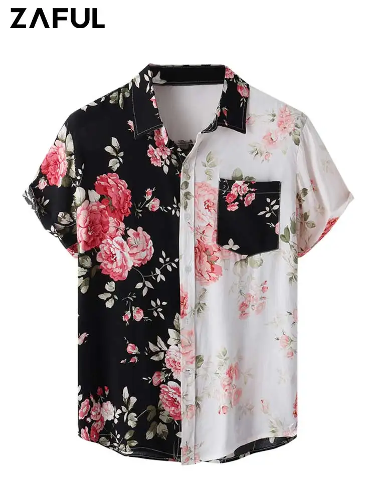 

ZAFUL Colorblock Shirts for Men Floral Print Short Sleeves Turn-down Collar Shirt Summer Vacation Streetwear Tops Z5036094