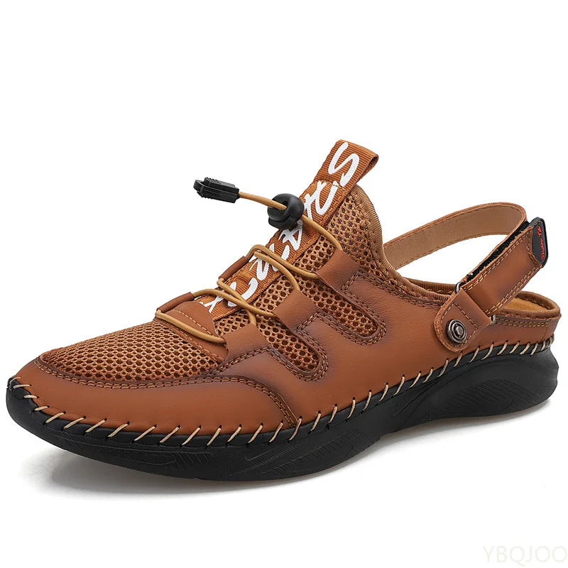 

Summer Mens Sandals Genuine Leather Mesh Beach Outdoor Breathable Comfortable Slipper Rubber Classic Non-slip Big Size38-48