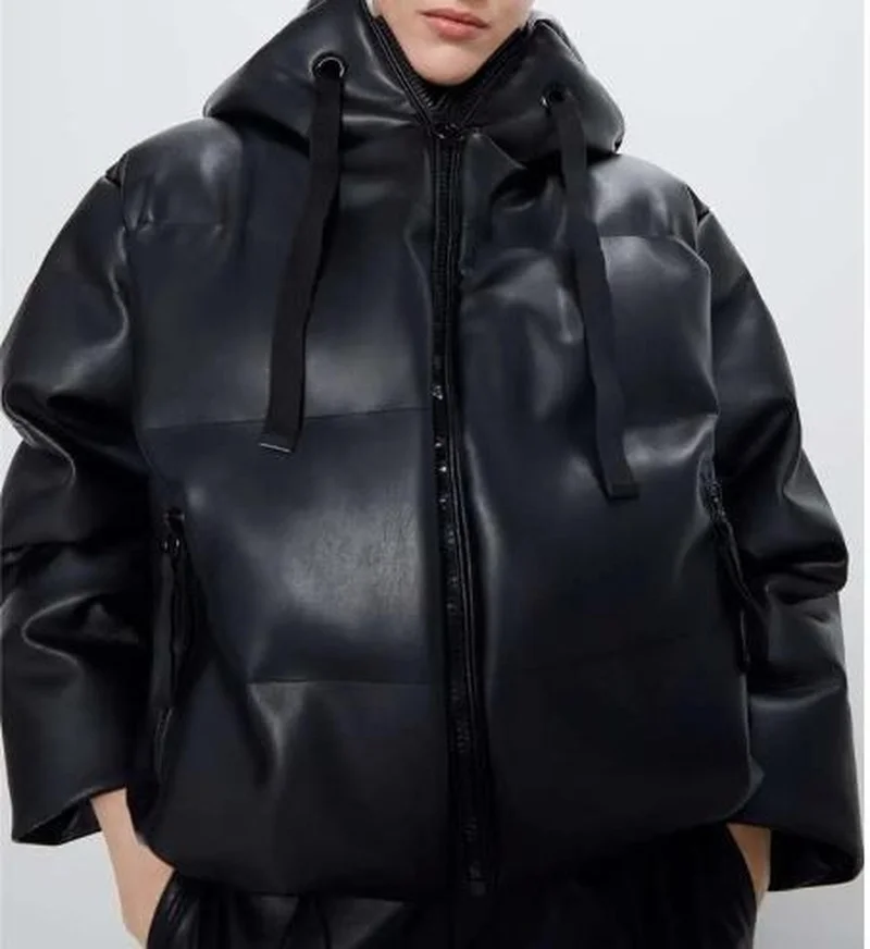 Casual Fashion Imitation Leather Cotton Jacket Women 2022 Winter New Solid Color All-match Hooded Cotton Coat Jacket Women