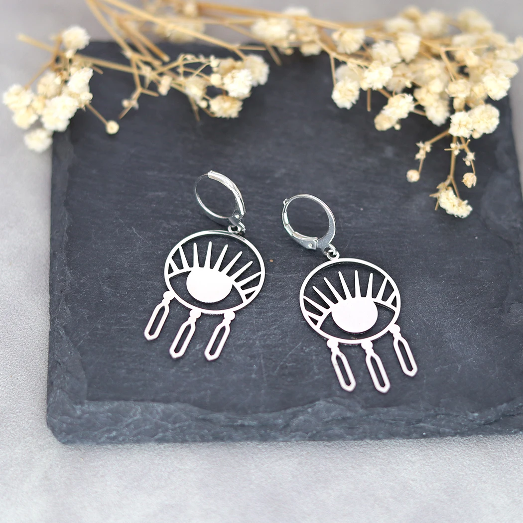 Женские серьги-кольца из нержавеющей стали с изображением сглаза