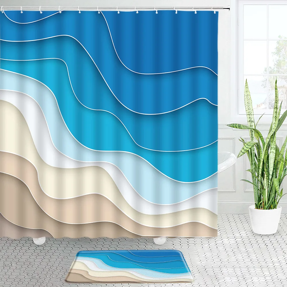 

Abstract Geometric Shower Curtain Set Blue White Brown Creative Wave Marble Fabric Bathroom Decorative Non-Slip Rug Bath Mats