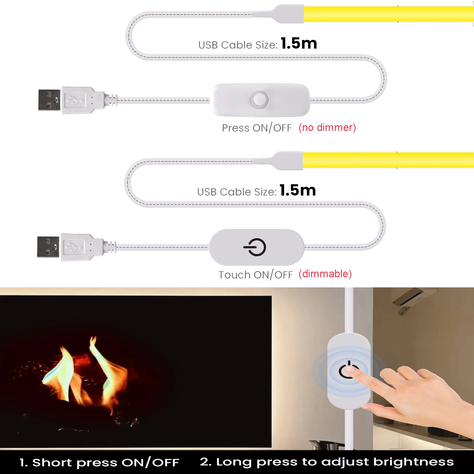 5V USB COB LED Strip Light 3mm Width Flexible Tape with Dimmer/ON OFF Switch 320LEDs High Density Linear Lighting for Decor