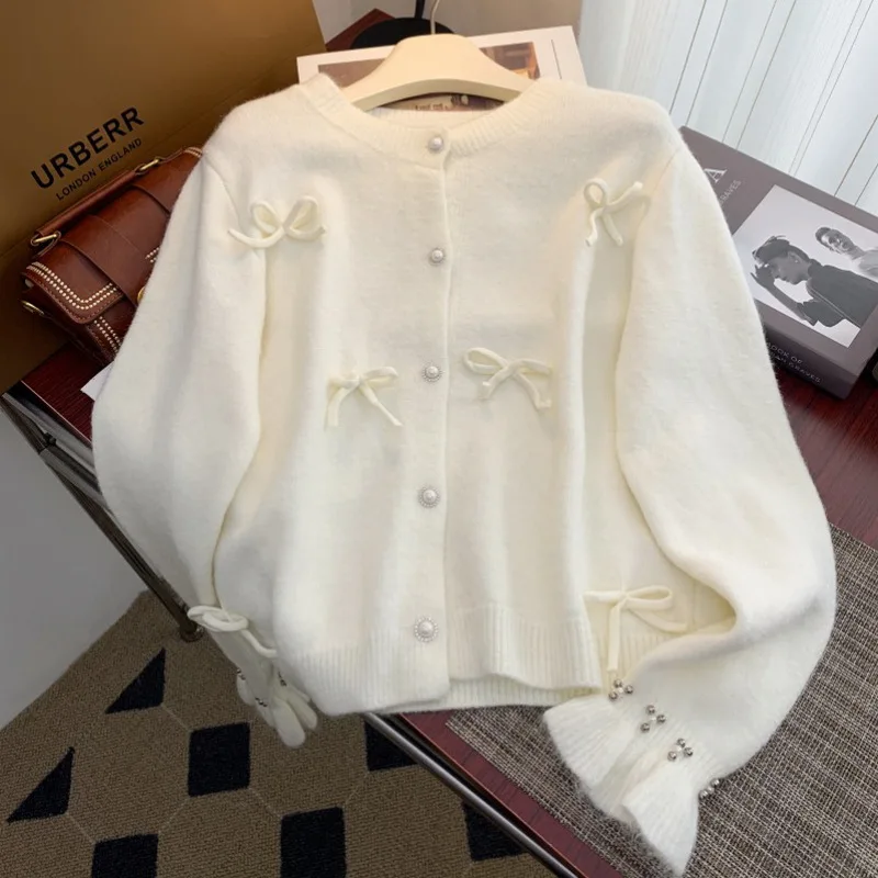 Красный вязаный кардиган женский белый свитер с бисером шикарная корейская