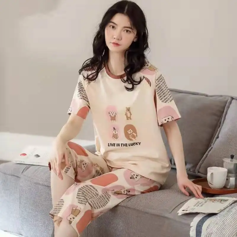 Cotton Pajamas Women's Summer Short Sleeves Shorts Thin Suits Women's Cartoon Round Neck Loungewear Kawaii Pajamas Plus Size 5XL
