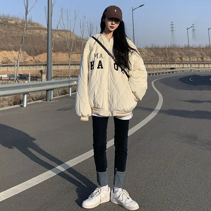 American Retro Style Letter Thick Baseball Uniform Trend Jacket Female Students Winter Harajuku Loose Cotton Coat Ins Overcoat