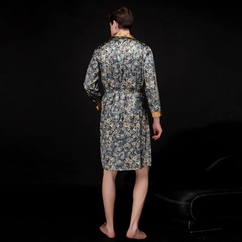 Print Robe Silk Bathrobe Soft Long Sleeve Nightgown Nightshirt One-Piece Kimono Men Bath Gown Home Sleepwear Pajamas