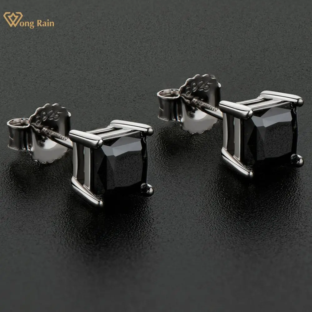 

Wong Rain, 100% Стерлинговое Серебро 925 пробы, черные серьги-гвоздики в форме принцессы, 1CT, моиссанит, драгоценный камень, унисекс, ювелирные украш...