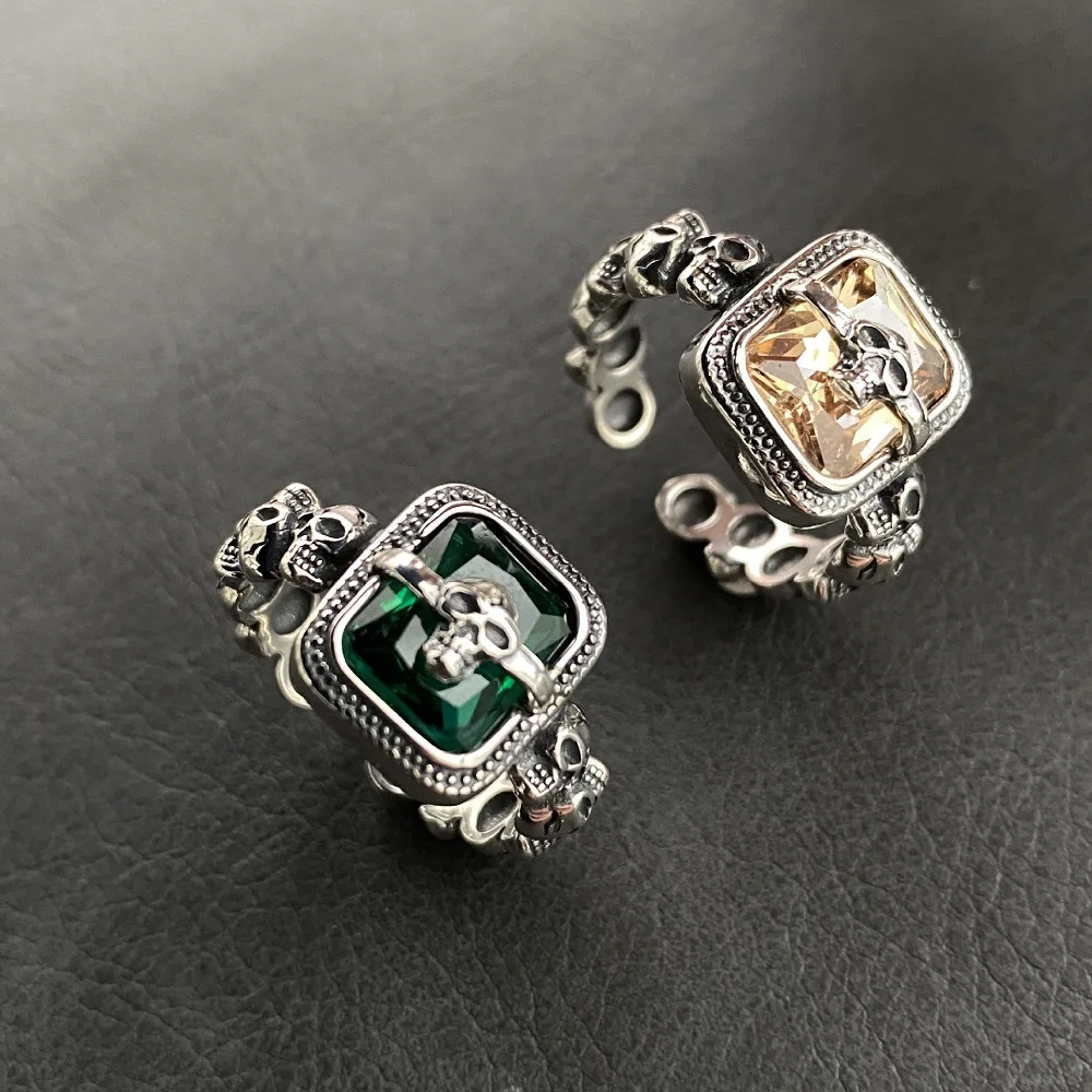 

Summer Jewelry Vintage Thai Silver Accessories Ladies Jewelry DIY Design Silver Heavy Color Zircon Skull Open Ring Personality R