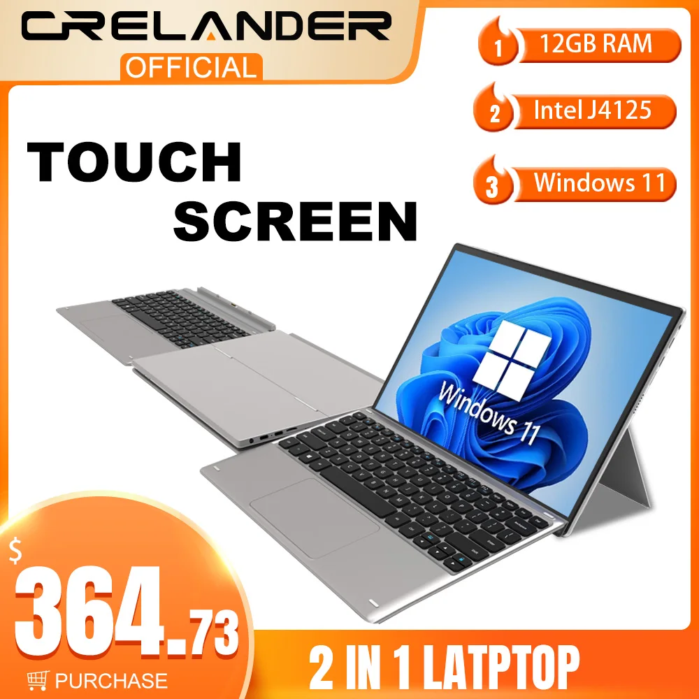 CRELANDER F123G 2 in 1 Laptop 12.3 inch Touch Screen 12GB RAM 1TB SSD Intel J4125 Windows11 Tablet PC Portable Notebook Computer