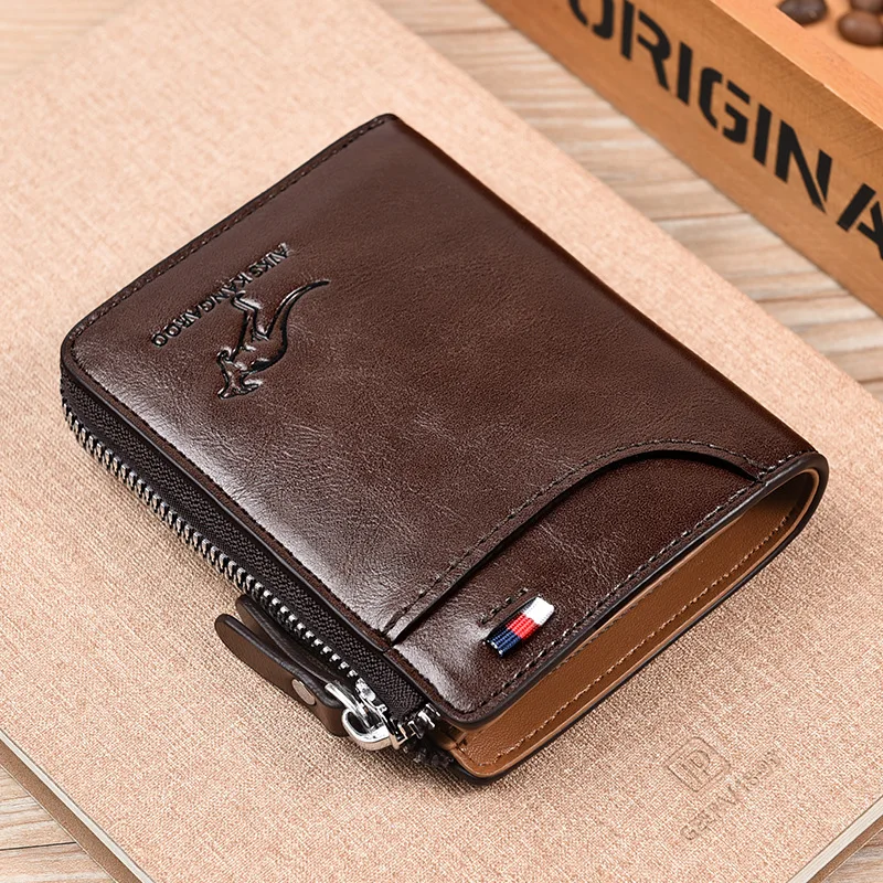 

Kangaroo Credit Card Holder Case RFID Blocking Vintage Business Anti-Theft Clutch Short Men's Leather Wallet Large Capacity