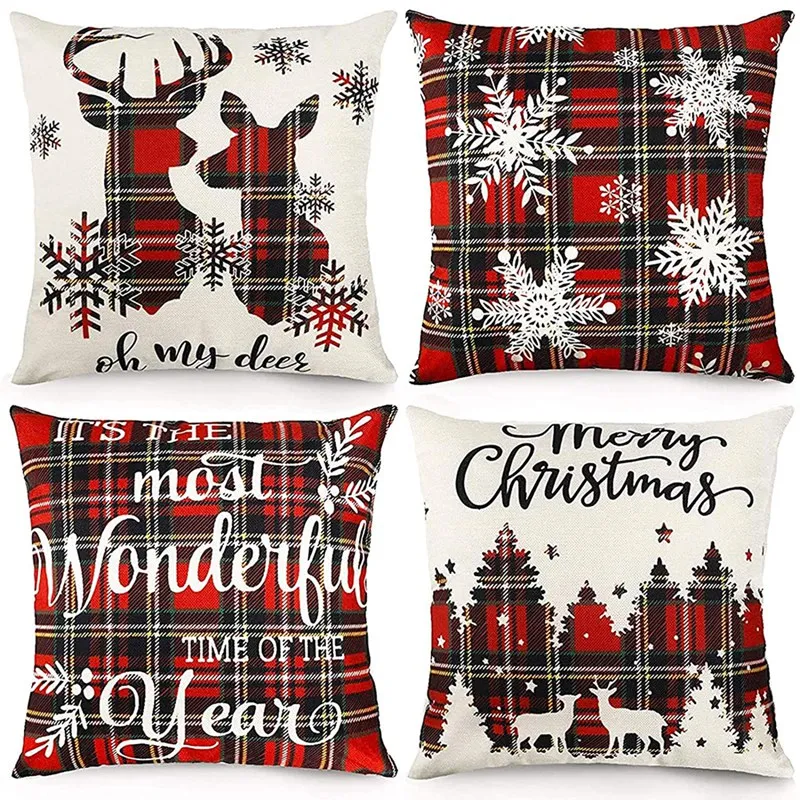 

Christmas Pillow Covers Christmas Tartan Plaid Decorative Pillows Farmhouse Throw Pillowcase Cotton Linen Cushion Case
