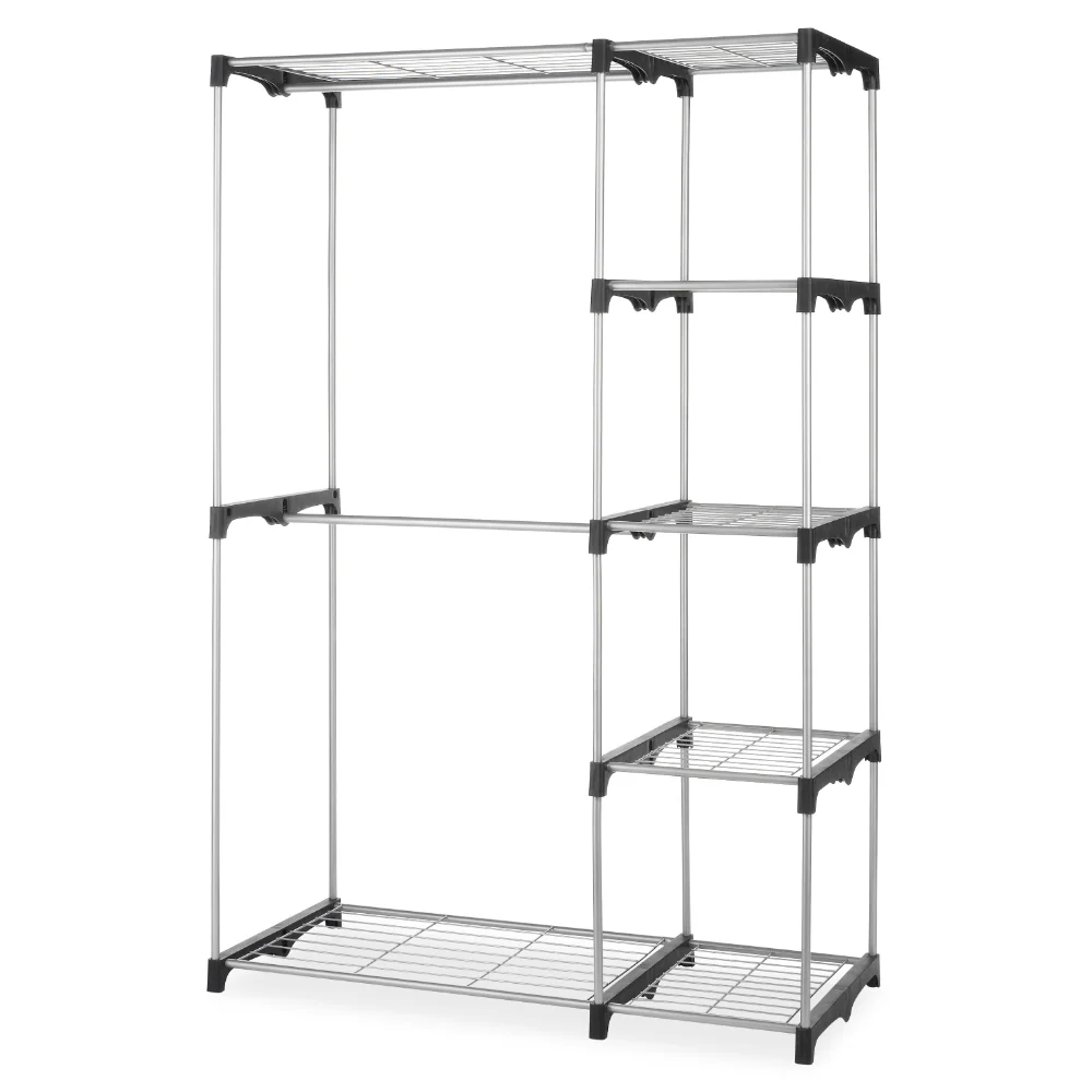 

Double Rod Closet System, Metal with Resin Connectors, Silver and Black Shelves Storage