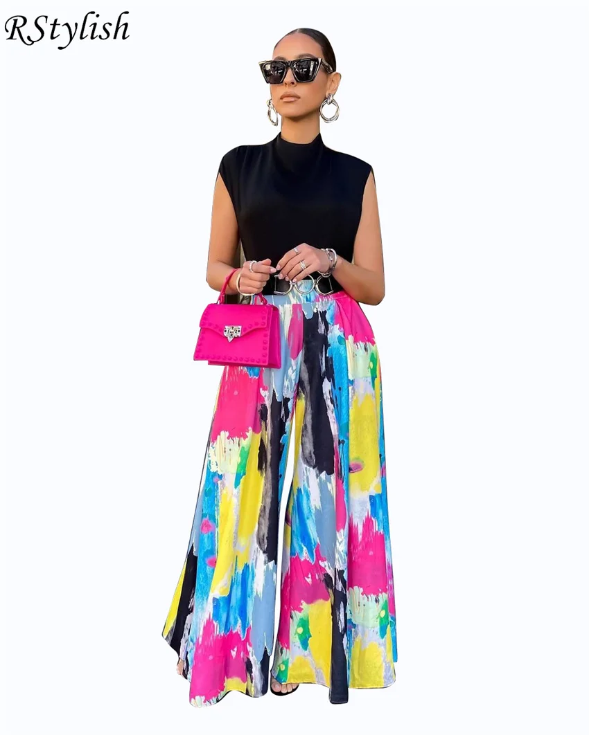 

RStylish 2022 Summer Tie Dye Print Women Pants African High Waist Full Length Wide Leg Pants Loose Trousers Casual Streetwear
