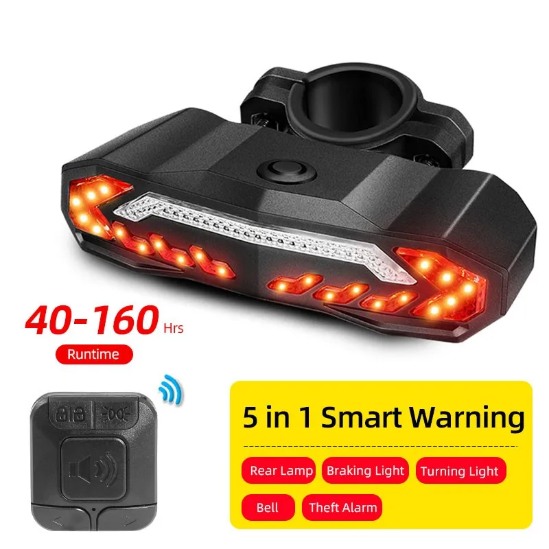 

5 in 1 Rear lamp w/ Remote Control 40-160Hrs Bicycle Braking Turning Light Wireless Finder Theft Alarm Cycling Bell USB-C Port