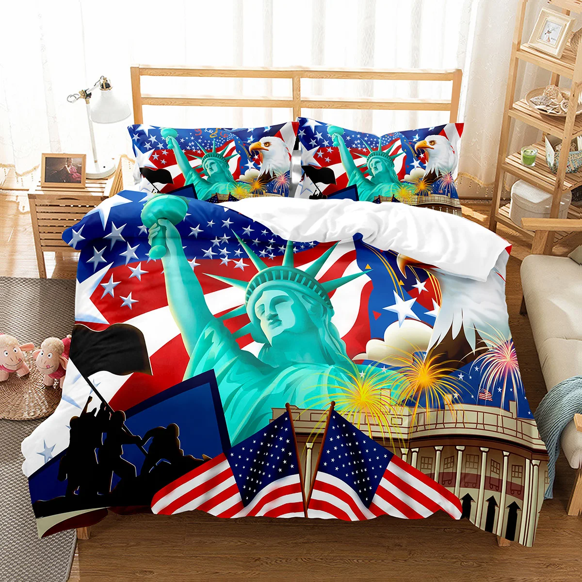 

American Flag Duvet Cover Set Statue of Liberty Bedding Set Twin Polyester Fourth of July Independence Day Theme Comforter Cover