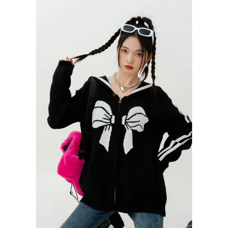 

Women's Clothes Black Sweater Sailor Collar Outerwear Color Contrast Fashion Winter Female Long Sleeve Cardigan Knitting Coat