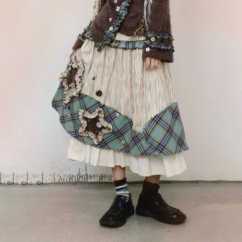 Японские винтажные клетчатые юбки с талией Y2k двухслойная вечерняя длинная юбка