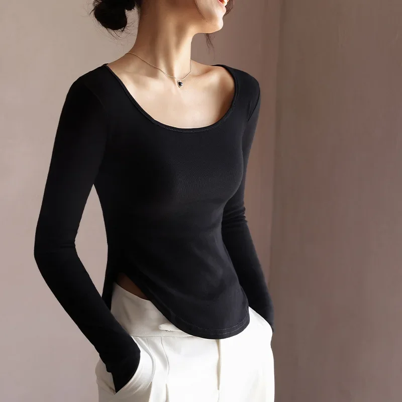 

Оптовая продажа, хлопковые базовые облегающие топы, высокие женские футболки, осенне-зимняя Однотонная футболка с асимметричным подолом и длинным рукавом, глубоким круглым вырезом