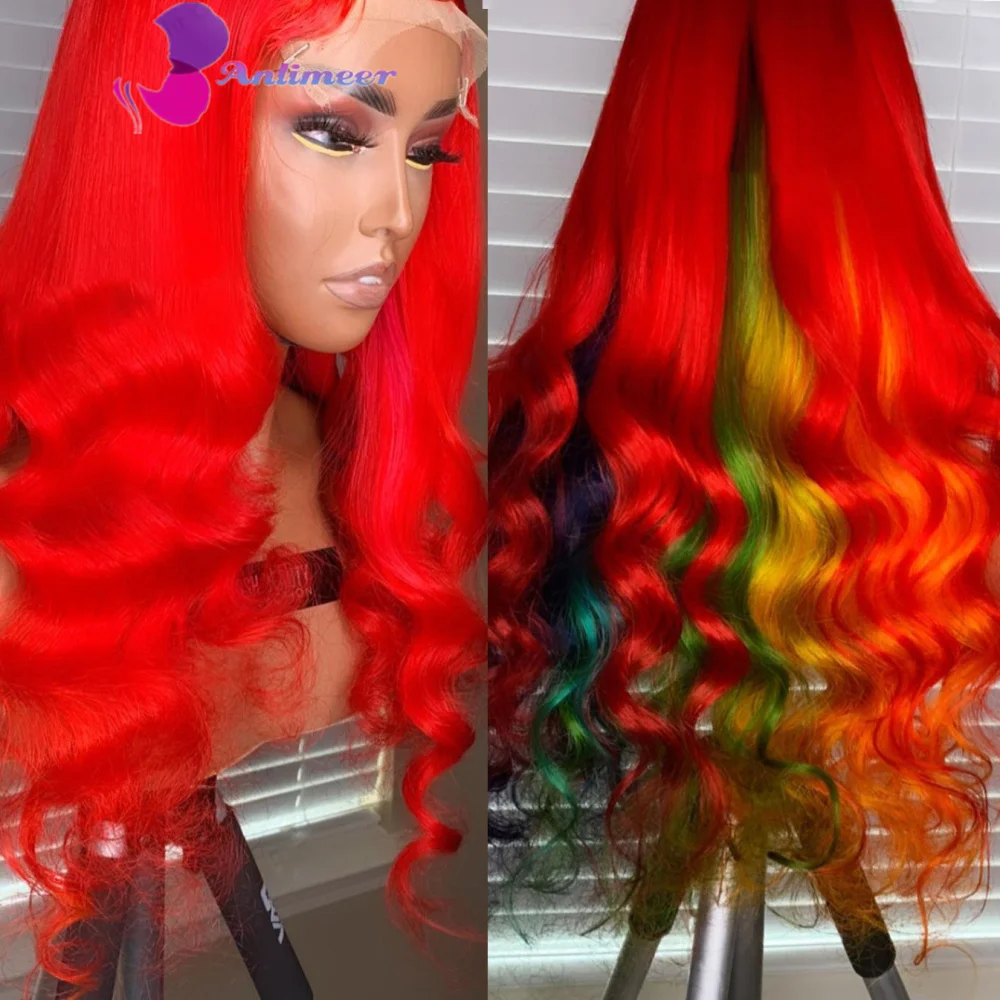 

Rainbow Wig Mixcolor Human Hair Wig Loose Deep Wave Wig Red Rainbow Highlight Wig 13x4 Lace Front Wigs Human Hair 180 Density