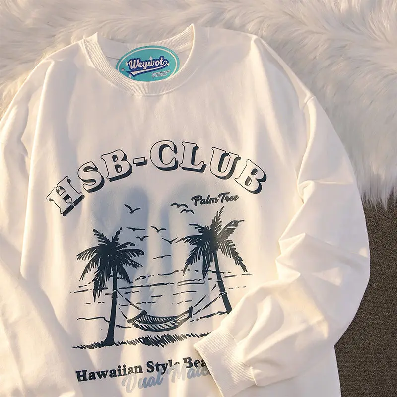 

Boho Beach Landscape Print Loose Crewneck Sweatshirt Women Couple Hoodies for Teens Casual Thin Jacket New Autumn Streetwear Men