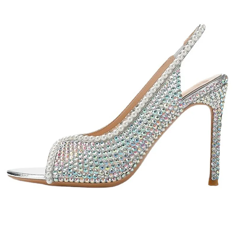 

Pearl Edge Rhinestone Peep Toe Slip On Wedding Pumps Women Thin High Heels Slingback Full Bling Crytal Banquet Shoes