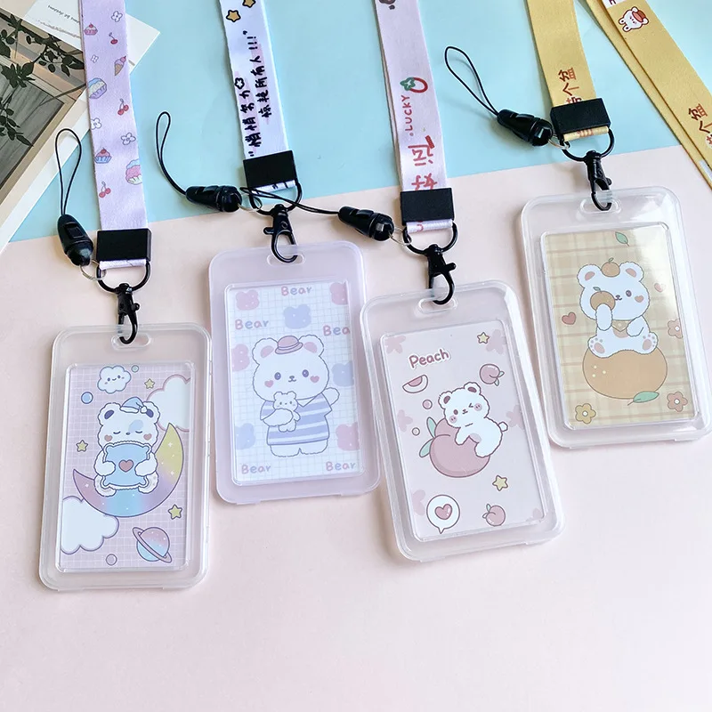 

Cute Bear Transparent Card Holder Student Meal Card ID Card Campus Access Card Bus Card Card Bag Retractable Easy-to-pull Buckle