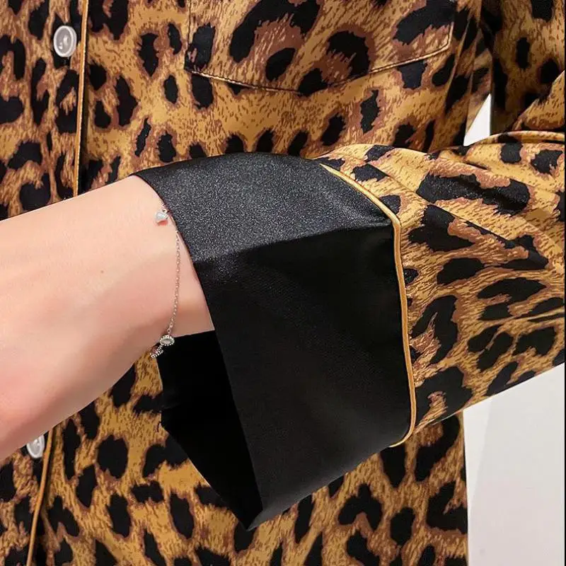 Leopard Lapel Nightwear Summer Women Sleepwear 2PCS Pajamas Suit With Buttons Sexy Loungewear Home Clothes Printed Lingerie