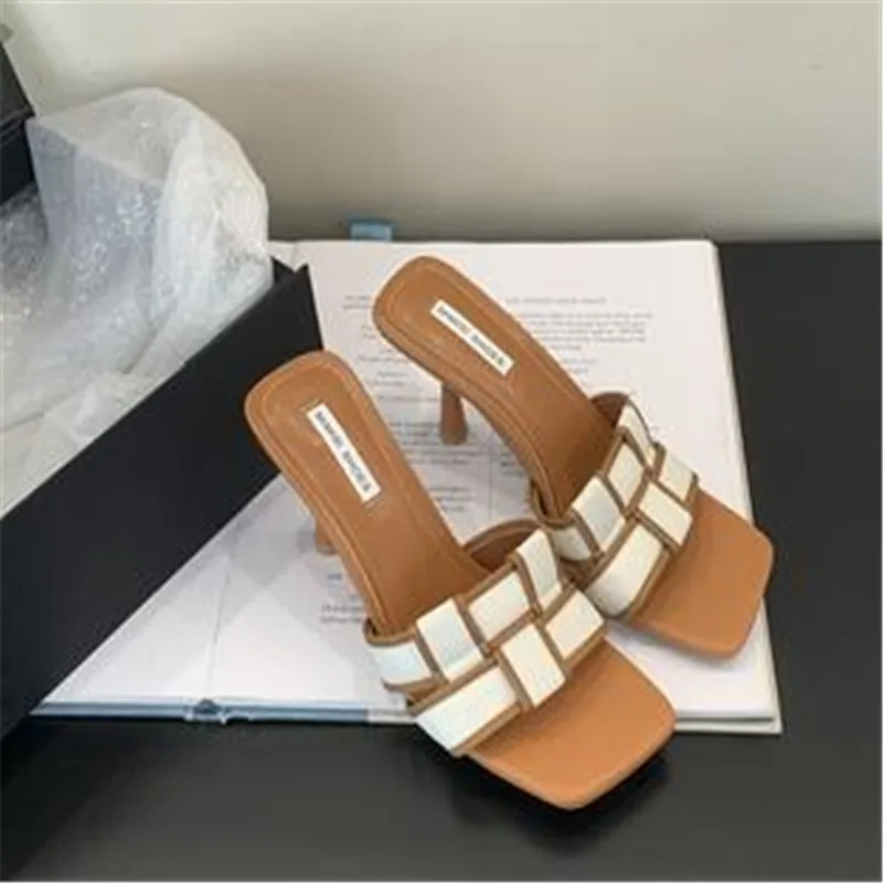 Weave Design Women Slippers Open Toe Summer Dress Shoes Thin High Heels Slides Slippers Party Pumps Wedding Black White 35-39