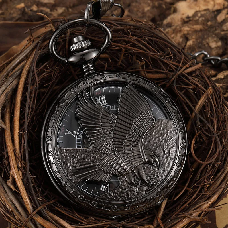 

Steampunk Black Mechanical Pocket Watch Large Eagle Vintage Skeleton Pocket & Fob Watch Men Wome Hollow Pendant Watch