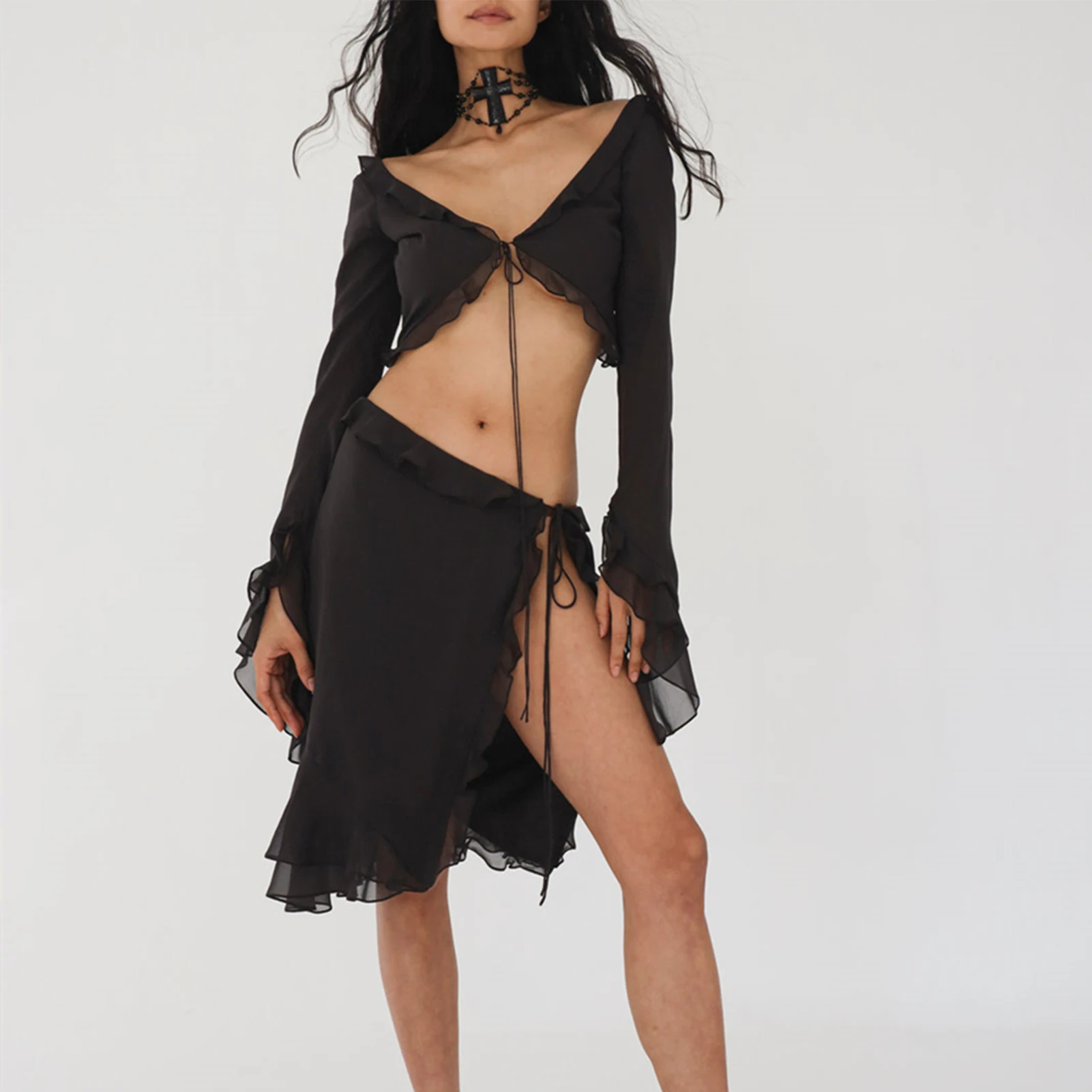 

2 Piece Maxi Skirt Set for Women Crop Top Short Skirt Long Sleeve Chiffon Cami Top Skirt Navel Exposed Solid Color Side Slit