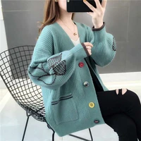 dayifun embroidered knitted cardigan womens sweater korean fashion 2022 loose autumn winter puff sleeve v neck coat mid length