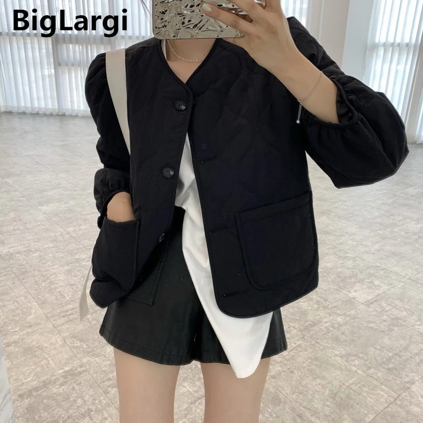 2022 New Elegant Solid Short Jacket Women Korean Style Autumn Winter Parkas Loose Casual V-neck Basic Coat Female