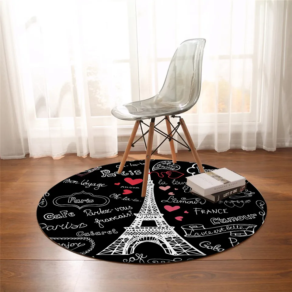 

Black and White Floor Mats Kids Play Mat Paris Tower Round Rug Letter Print Living Room Area Rug