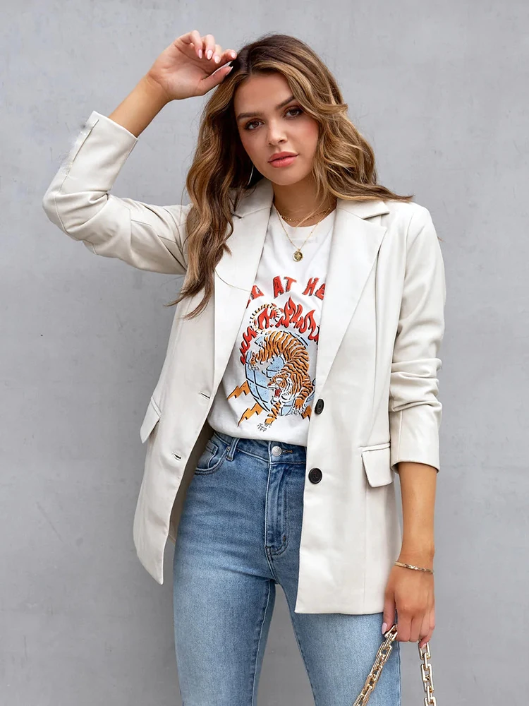 WYBLZ Autumn Faux Leather Blazer Oversized Red Solid Color Jacket Women Long Sleeve Double Breasted Y2K Jacket Fashion Coat