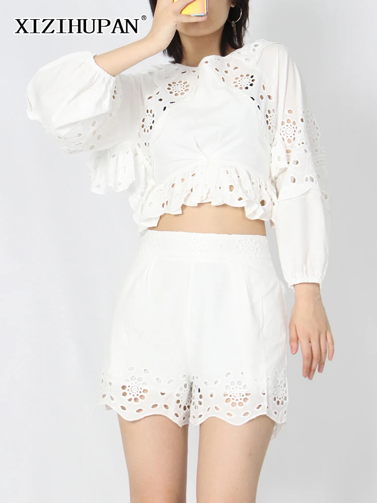 

XIZIHUPAN Sexy Lace Panel Two Piece Set For Women Round Neck Long Sleeve Tops High Waist Shorts Cut Out Sets Female 2022 Clothes