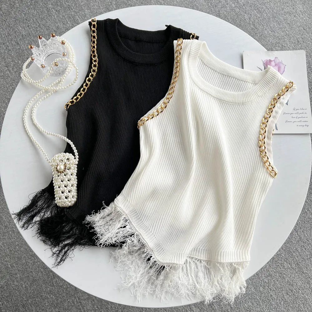 

Топ женский без рукавов, шикарный пикантный кроп-топ с бахромой, облегающий вязаный крючком Топ, корейская мода, Y2k, летняя Готическая улична...