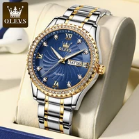 olevs golden diamond encrusted luxury waterproof men wristwatches stainless steel strap business quartz watch for men luminous