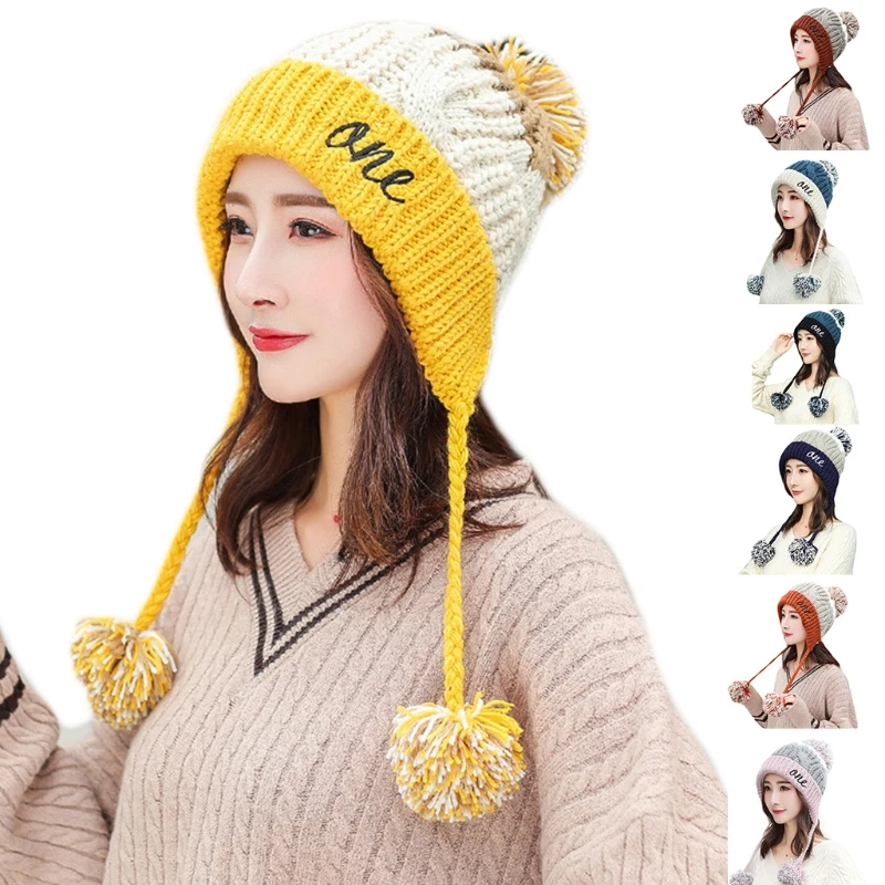 

Women Winter Chunky Knit Contrast Color Beanie Hat Letters Embroidery Thick Plush Lined Earflap Trapper Cap
