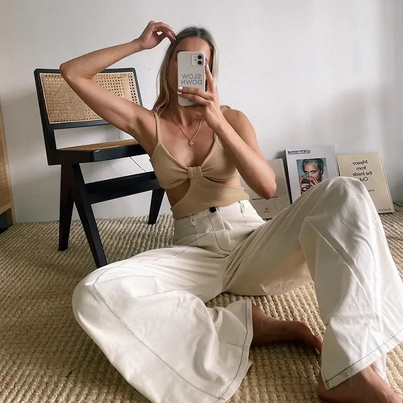 

Sexy Hollow Out V Neck Solid Rib Knit Female Camisole New Summer Casual Slim Stretch Basic Wild Women Crop Top 2023