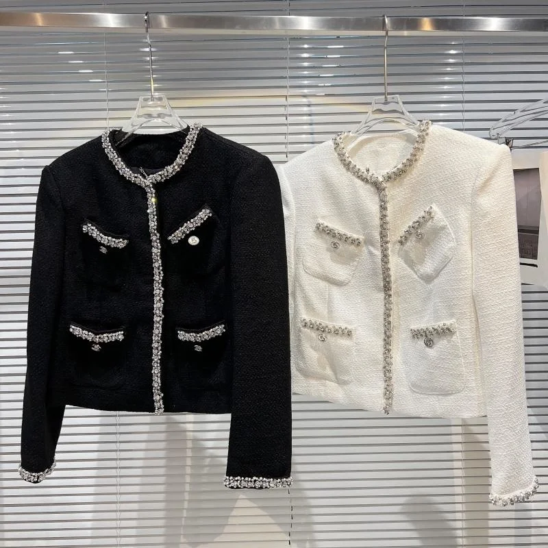 

Diamond Nail Bead Tweed Short Jacket White Black Elegant Women Coat