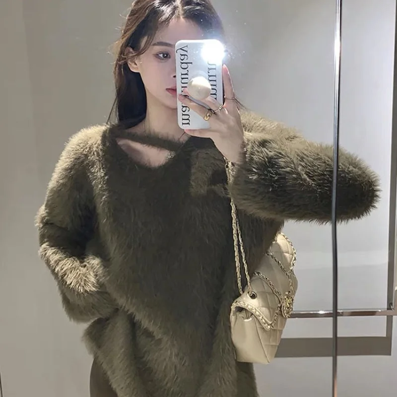 

French Soft Waxy Mink Wool Knit Sweater Pullover Women Autumn Winter Gentle Loose V-Neck Outer Wear Loose Sweater Pullover Top