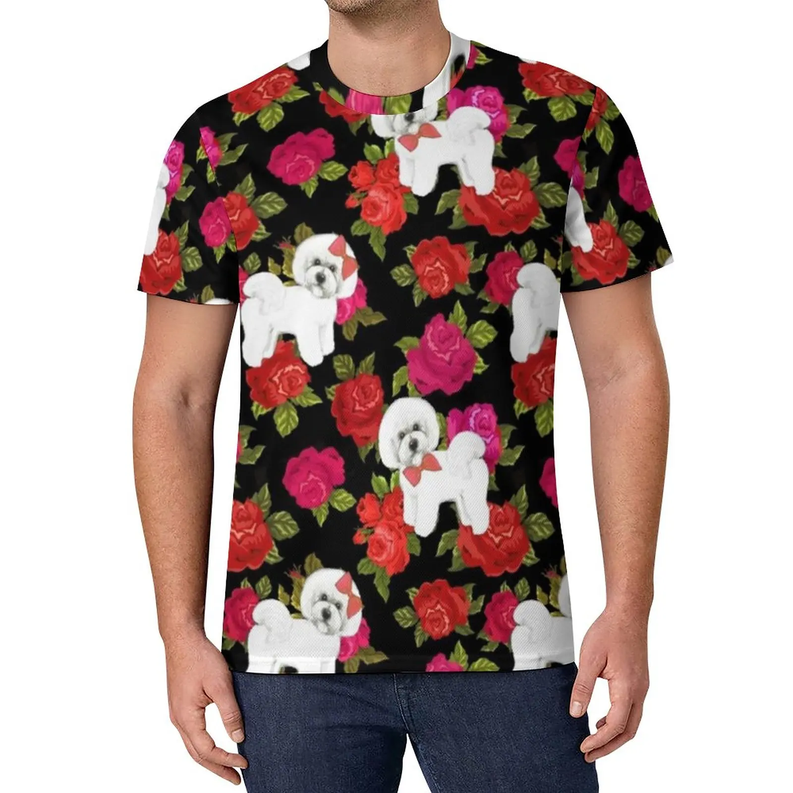 

Футболка с рисунком собаки, пуделя, розы, цветка, трендовые футболки, мужская забавная футболка, пляжные футболки с коротким рукавом, графические футболки