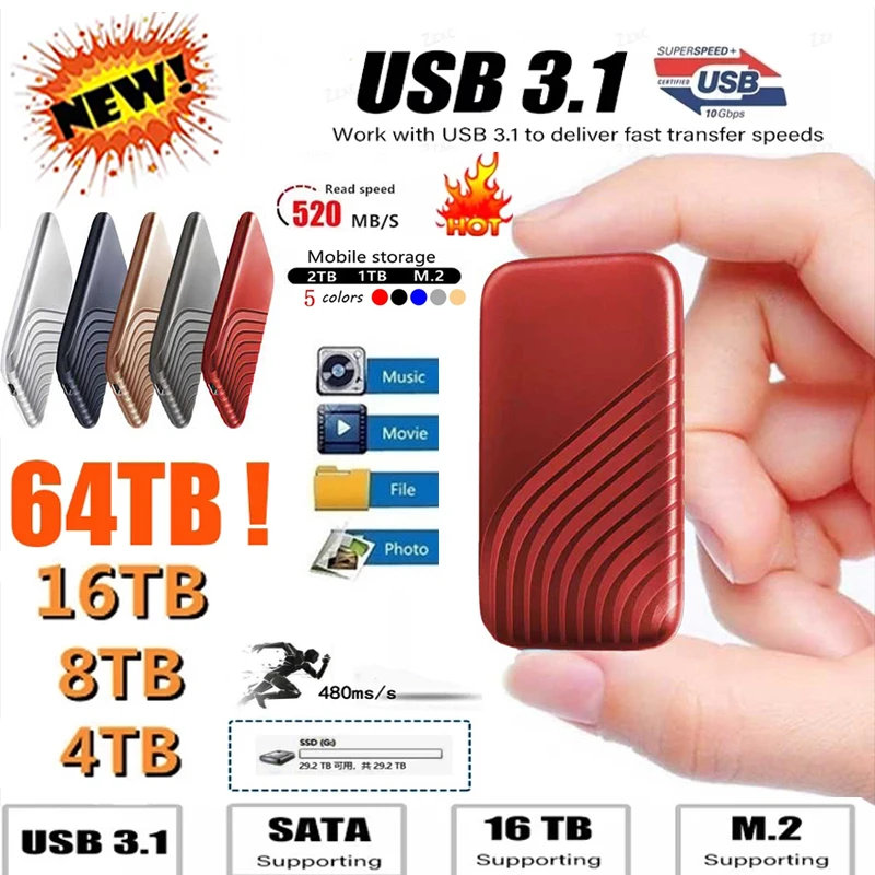 

Портативный SSD 1 ТБ портативный HD внешний usb 3.1 4 ТБ 8 ТБ внешний жесткий диск Type-C 64 ТБ флэш-накопитель для ноутбука SSD ноутбука