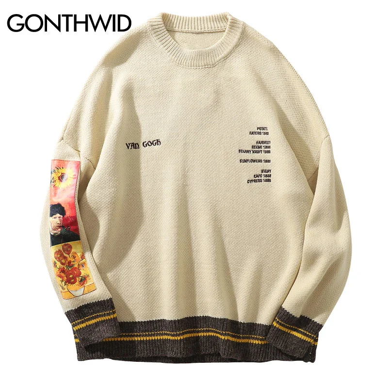 

Hip Sweater Streetwear Men Knitted Hop Embrodiery Letter Van Gogh Patchwork Pullover Sweaters Harajuku Casual Loose Sweater