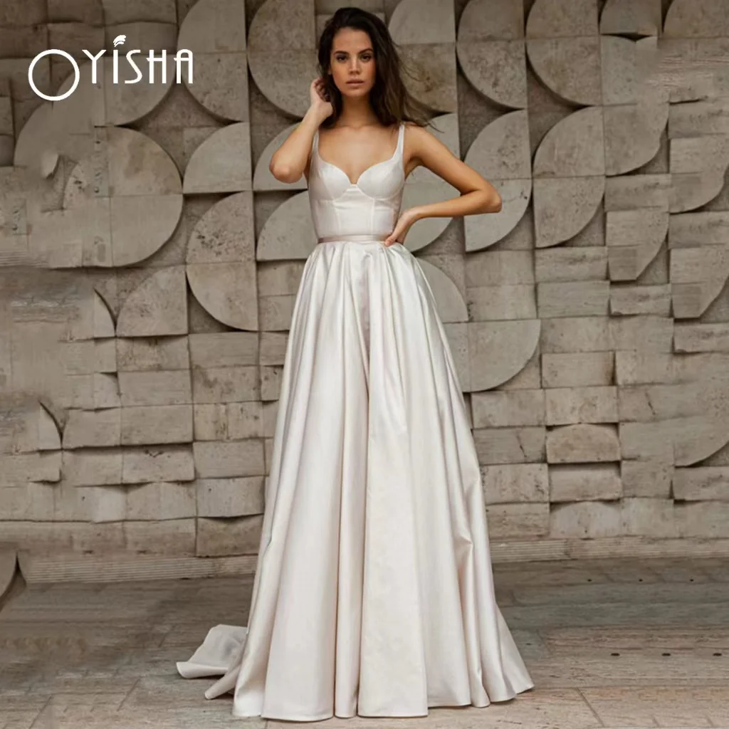 

OYISHA Elegant Satin A-Line Wedding Dresses For Bride 2023 Sexy V-Neck Simple Bridal Gowns Backless Sleeveles Robe De Mariee