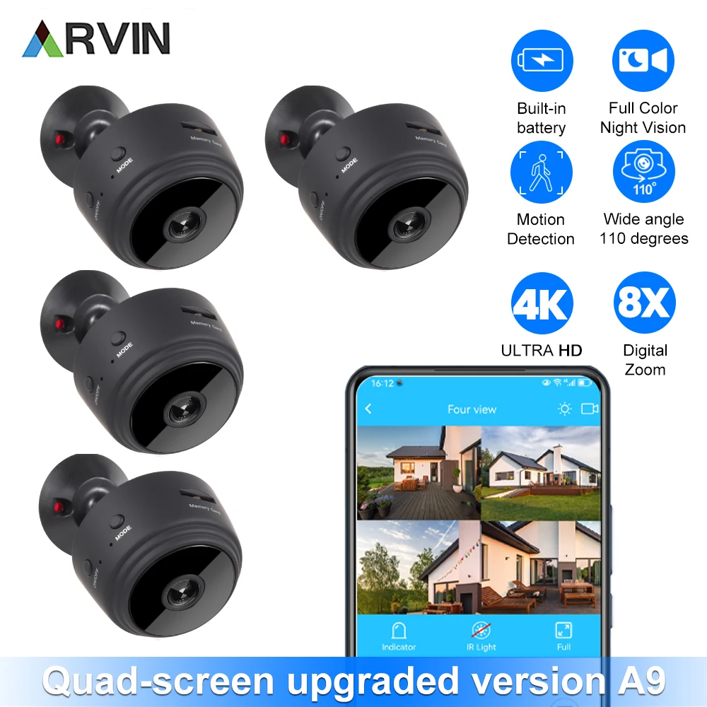   2023 New 4K A9 Mini Wifi Camera Wireless 1080P Video IR Night Vision Motion Detection Home Security Surveillance Camera Monitor 
