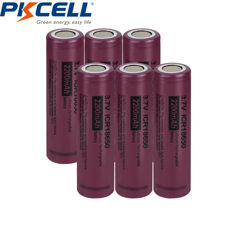 PKCELL-batería recargable de iones de litio ICR 18650 ICR18650, 6 piezas, 3,7 v, 2200mAh, parte superior plana, sin Pcm, para linterna