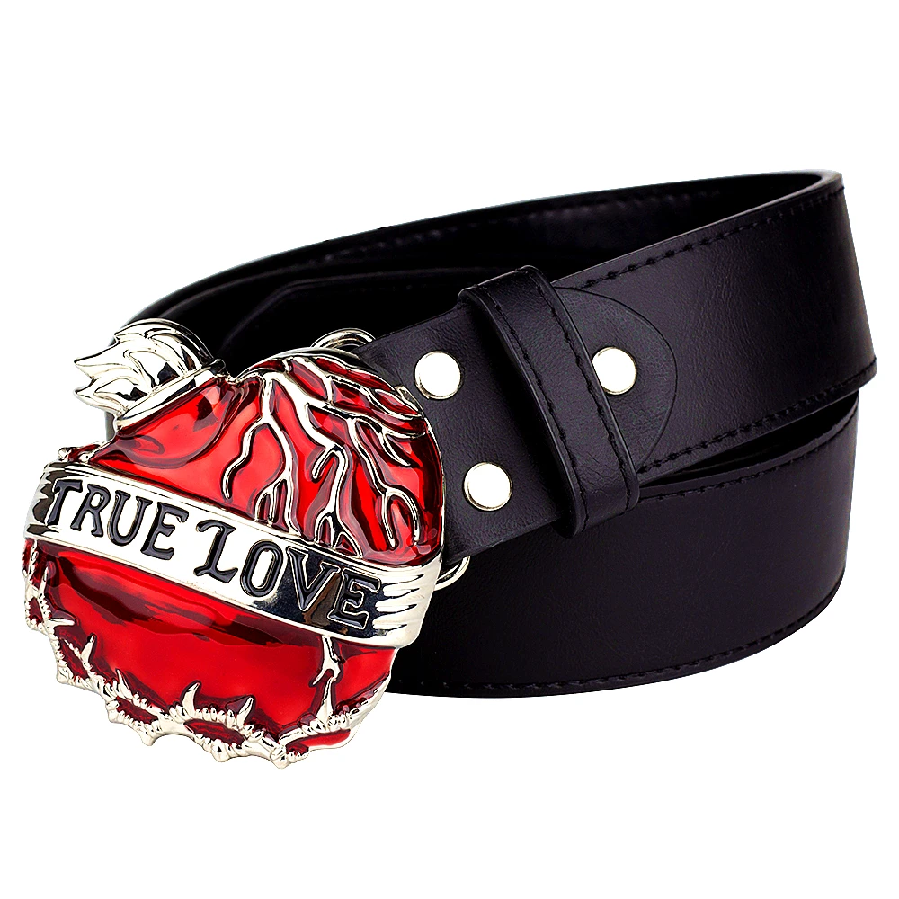 True Love Red Heart Shaped Metal Buckle Women Leather Belt Fashion Men Waistband